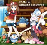  2girls bandana beanie bike_shorts blue_eyes blue_hair blush brown_hair gloves haruka_(pokemon) hat hikari_(pokemon) long_hair multiple_girls open_mouth piplup pokemon pokemon_(anime) pokemon_(creature) pokemon_(game) pokemon_dppt pokemon_rse ruu_(tksymkw) scarf short_hair skirt smile v 