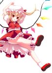  1girl arms_up blonde_hair flandre_scarlet frills hat hat_ribbon red_eyes ribbon side_ponytail solo thighs touhou wings 