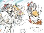  &lt;o&gt;_&lt;o&gt; aki_minoriko alternate_costume black_hair blonde_hair blush bouquet bow bride carrying crab detached_sleeves dress flower food formal fruit grapes hair_bow hair_tubes hakurei_reimu hand_on_another&#039;s_head hug mutsuki_(tsugaidanuki) no_hat no_headwear princess_carry red_eyes short_hair smile suit touhou translation_request wedding_dress white_suit yuri 