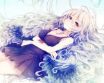  1girl babydoll black_wings breasts cleavage itamidome long_hair looking_at_viewer lying on_back original red_eyes silver_hair solo very_long_hair wings 