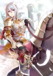  1girl armor black_gloves black_legwear blue_hair boots braid breasts cleavage cutoffs earrings feathers gauntlets gloves greaves halberd highres horse jewelry lips long_hair original pauldrons polearm retsuna riding short_shorts shorts single_braid smile solo thigh-highs thigh_boots violet_eyes weapon 