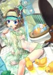  1girl ball beachball bikini blue_eyes brown_hair brushing_teeth looking_at_viewer original rubber_duck short_hair sitting striped striped_bikini striped_swimsuit swimsuit toilet toothbrush visor_cap water wet yamisawa 