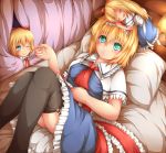  1girl absurdres akkii_(meragold) alice_margatroid aqua_eyes blonde_hair bow capelet closed_eyes couch doll_on_head dress garter_straps hair_bow headband highres knees_up looking_up lying on_back peeking_out pillow ribbon sash shanghai_doll short_hair smile solo thigh-highs touhou wink 