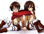  belt boots brown_hair eren_jaeger jacket mikasa_ackerman scarf shingeki_no_kyojin short_hair thigh_strap tyeinn-suineryuu 