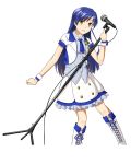  1girl blue_hair boots brown_eyes cable cropped_jacket cross-laced_footwear idolmaster kisaragi_chihaya knee_boots long_hair microphone microphone_stand necktie open_mouth smile solo standing teru_(grafroller) wrist_cuffs 