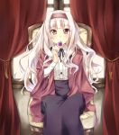  1girl candy chair curtains dress hairband idolmaster jiino lollipop long_hair pink_eyes shijou_takane silver_hair sitting solo window 