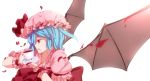  1girl bat_wings blood blood_on_face blue_hair cup dress hat kokoro6636 red_eyes remilia_scarlet short_hair solo teacup touhou wings wristband 