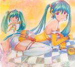  ahoge aqua_hair artist_name boots checkered chibi elbow_gloves gloves goodsmile_company green_hair hatsune_miku headset long_hair lying mayo_riyo pink_eyes racequeen thigh-highs thigh_boots traditional_media twintails very_long_hair vocaloid wink 