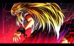  1girl blonde_hair blouse breasts chain cuffs from_behind gradient gradient_background highres horn hoshiguma_yuugi letterboxed light_particles light_trail long_hair manacles nekominase red_background red_eyes skirt solo touhou very_long_hair 