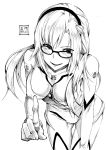  crosshatching eudetenis glasses greyscale hand_on_knee high_contrast highres leaning_forward lineart long_hair looking_at_viewer makinami_mari_illustrious monochrome neon_genesis_evangelion plugsuit signature smile white_background 