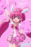  1girl bike_shorts boots bow cheering choker cure_happy hair_ornament head_wings hoshizora_miyuki long_hair looking_at_viewer magical_girl nanashishi pink pink_background pink_eyes pink_hair pom_poms precure shorts shorts_under_skirt simple_background smile smile_precure! solo tiara twintails 