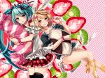  2girls aqua_hair blonde_hair bracelet candy green_eyes grin hair_ornament hair_ribbon hairclip hatsune_miku highres jewelry kagamine_rin lollipop long_hair memai multiple_girls ribbon short_hair skirt smile swirl_lollipop thigh-highs very_long_hair vocaloid 