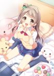  1girl :d bag bed black_legwear blush bow bowtie brown_eyes brown_hair hair_bow interlocked_fingers kneehighs long_hair love_live!_school_idol_project macaron minami_kotori on_bed open_mouth pan_(mimi) pillow plaid plaid_skirt pleated_skirt school_bag school_uniform sitting skirt smile solo stuffed_animal stuffed_toy sweater_vest wariza 