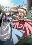 2girls ^_^ adult ascot bow closed_eyes dress fang flandre_scarlet hair_ribbon hat izayoi_sakuya long_hair maid maid_headdress multiple_girls open_mouth outstretched_arms red_dress red_eyes ribbon side_ponytail silver_hair smile touhou tsuki_wani wings 