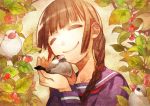  aoi_momo berries bird braid brown_hair closed_eyes leaf long_hair original school_uniform serafuku smile twin_braids 