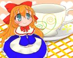  1girl apron blue_eyes blush bow capelet cup dress hair_bow heart long_hair looking_up o_omune_(kagu8) orange_hair pink_background saucer shanghai_doll sleeves_past_wrists smile solo tablecloth teacup touhou v_arms waist_apron 