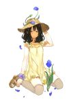  black_hair blue_eyes dress flower freckles hat highres nora_(kukumaka23) original sandals sitting sun_hat thigh-highs tulip wariza 