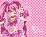  1girl blue_eyes brooch character_name choker cure_melody frilled_skirt hair_ribbon heart houjou_hibiki jewelry long_hair looking_at_viewer magical_girl midriff nanashishi navel pink_hair precure ribbon skirt solo suite_precure twintails v 