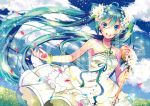  1girl bracelet clouds dress green_eyes green_hair hatsune_miku jewelry long_hair lowres microphone necklace open_mouth sazanami_shione sky solo twintails very_long_hair vocaloid 