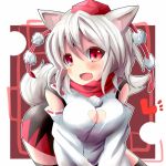  1girl animal_ears bare_shoulders black_legwear blush breasts cleavage cleavage_cutout detached_sleeves fang hat inubashiri_momiji kuromu_(underporno) open_mouth pom_pom_(clothes) red_eyes scarf short_hair silver_hair skirt smile solo tail thigh-highs tokin_hat touhou wolf_ears wolf_tail 