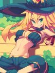  1girl bench blonde_hair breasts bush green_eyes hat highres large_breasts large_eyebrows long_hair metallica_(the_witch_and_the_hundred_knights) metata midriff shorts smile solo the_witch_and_the_hundred_knights witch_hat 