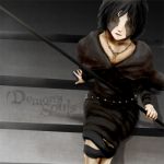 black_hair demon&#039;s_souls dress female looking_up m_aina maiden_in_black necklace short_hair solo staff stairs 