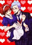  1girl bandage bandages brown_hair couple female_protagonist_(persona_3) formal glasses maid open_mouth persona persona_3 persona_3_portable sanada_akihiko suit to_(pixiv1355028) 