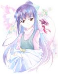  blue_hair bow brown_eyes crossdressing flower fujisaki_nadeshiko graphite_(medium) guardian_chara hair_bow japanese_clothes kimono long_hair paint_(medium) ponytail purple_hair shugo_chara! smile temari_(shugo_chara!) temari_(shugo_chara) traditional_media trap turtleneck 