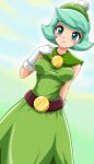  aqua_hair belt blush dress elbow_gloves gloves green_dress green_hair hat queen_merelda short_hair sigurdhosenfeld smile solo wario_land wario_land:_shake_it! white_gloves 