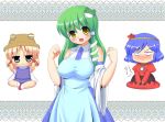  bad_id blonde_hair blue_hair blush chibi frog green_hair grey_eyes hair_ornament hat kochiya_sanae kyokutou_hentai_samurai moriya_suwako short_hair snake touhou yasaka_kanako yellow_eyes 