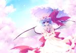  blue_hair cherry_blossoms hat motomiya_mitsuki parasol red_eyes remilia_scarlet ribbon short_hair touhou umbrella wings 