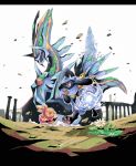  attack dialga flower moss nintendo no_humans open_mouth pokemon pokemon_(creature) pokemon_mystery_dungeon primal_dialga red_eyes riolu ruins scarf sen_pic torchic 