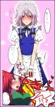  bad_id blood blue_eyes braid breasts hairband hong_meiling izayoi_sakuya kn96 long_hair maid multiple_girls nosebleed red_eyes red_hair redhead short_hair silver_hair touhou twin_braids yuri 