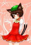  animal_ears arms_behind_back blush brown_eyes cat_ears cat_tail chen earrings han_(jackpot) hat jewelry multiple_tails red_eyes short_hair smile solo tail touhou yakumo_ran 