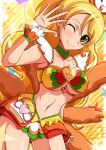  1girl aokura_shou bikini_top blonde_hair brooch choker coconut_samba cure_honey earrings happinesscharge_precure! highres jewelry long_hair magical_girl miniskirt one_eye_closed oomori_yuuko precure samba skirt smile solo star wink wrist_cuffs yellow_eyes 