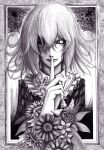  azelye flower frame graphite_(medium) hane_(azelye) highres kazami_yuuka lips monochrome one-eyed plaid_vest portrait short_hair shushing solo touhou traditional_media 