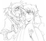  2girls arm_warmers blush carrying cat_eyes heart horns hoshiguma_yuugi kondou legs mizuhashi_parsee monochrome open_mouth pointy_ears sketch smile touhou 