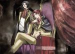  bad_id black_hair blue_eyes butler cape chin_rest cross facial_hair male monocle multiple_boys mustache necktie red_hair redhead ronove sitting smile spoilers throne umineko_no_naku_koro_ni ushiromiya_battler yazawan 