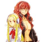  2girls blonde_hair bolt breasts franken_fran grin headphones height_difference madaraki_fran madaraki_gavrill multiple_girls navel open_clothes open_jacket phuphu red_eyes redhead siblings sisters smile stitches yellow_eyes 