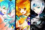  1boy 2girls :o aqua_eyes arle_nadja blue_hair cocoa77 column_lineup fire green_eyes half_updo headband long_hair multiple_girls open_mouth orange_eyes orange_hair puyopuyo rulue schezo short_hair white_hair 