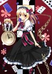  alice_in_wonderland alice_margatroid blonde_hair blue_eyes card cards chain chains clubs crossover diamond_(shape) doll falling_card hairband headphones heart highres holding holding_card koi koi_(koisan) long_hair mary_janes multiple_girls parody playing_card pocket_watch red_eyes shanghai shanghai_doll shoes short_hair spade touhou watch 