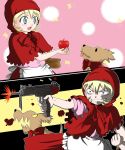  apple basket blonde_hair blood blue_eyes bow bullet bulleta capcom cape dog food fruit grimm's_fairy_tales gun holding holding_fruit hood little_red_riding_hood little_red_riding_hood_(grimm) machine_gun uba-gurum vampire_(game) weapon 