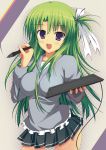  blush breasts green_hair long_hair open_mouth original purple_eyes ribbon skirt smile solo stanaka violet_eyes wacom 