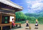 3girls bow brown_hair cosplay drinking east_asian_architecture grin hair_bow hakurei_reimu hands_on_hips hat hat_removed headwear_removed headwear_switch highres japanese_architecture kirisame_marisa kirisame_marisa_(cosplay) landscape outstretched_arms rumia sakura_ani scenery sitting smile spread_arms standing syanayuuji touhou veranda witch_hat
