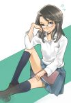  book bored brown_hair glasses highres hitowa legs school_uniform sitting skirt socks 