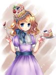  blonde_hair blue_eyes cake cake_hat child food food_as_clothes fork fruit gothic hat highres lilks long_hair pastry strawberry 