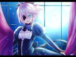  aqua_eyes blonde_hair bow crossdressing crossdressinging curtains dress eyepatch flower hair_bow hair_ribbon imitation_black_(vocaloid) kagamine_len male moon night petals ribbon ringo_ame rose smile solo trap vocaloid window 