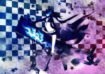  black_rock_shooter black_rock_shooter_(character) blue_eyes chain chains coat flat_chest gloves glowing glowing_eyes gun highres shorts star traditional_media watercolor_(medium) weapon 