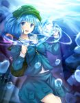  backpack bag bangs blue_eyes blue_hair bubble hair_bobbles hair_ribbon hangetsuakibarika hat kawashiro_nitori key magic ribbon short_hair solo touhou twintails underwater 