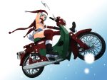  1girl bikini_top blue_eyes blue_hair boots breasts christmas elbow_gloves gloves hat honda_cub mole motor_vehicle motorcycle open_mouth original red_legwear red_thighhighs ryouzou santa_hat short_hair smile snow solo thighhighs underboob vehicle 